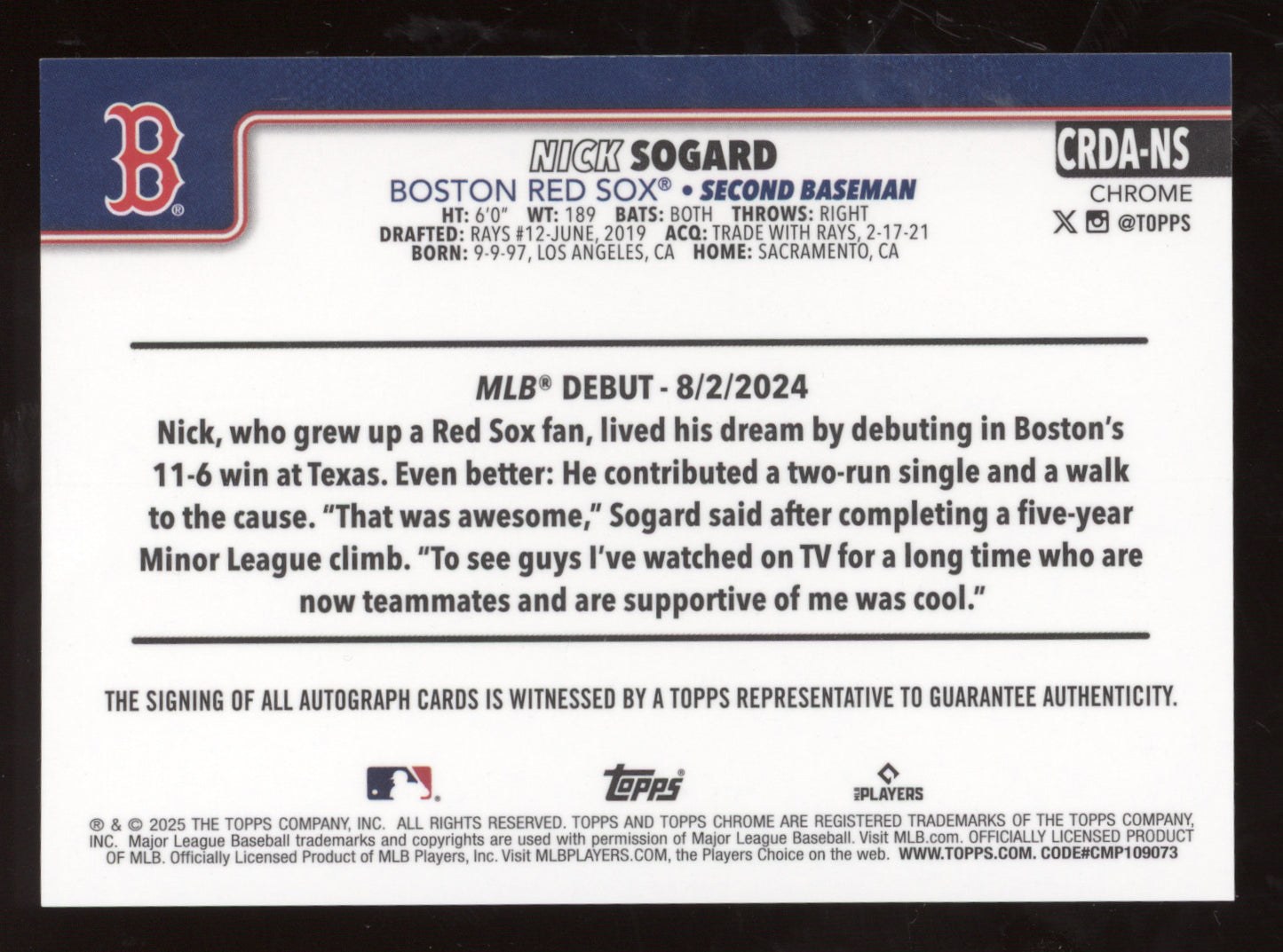 2025 Topps Chrome Update Nick Sogard #CRDA-NS Mini Diamond RC