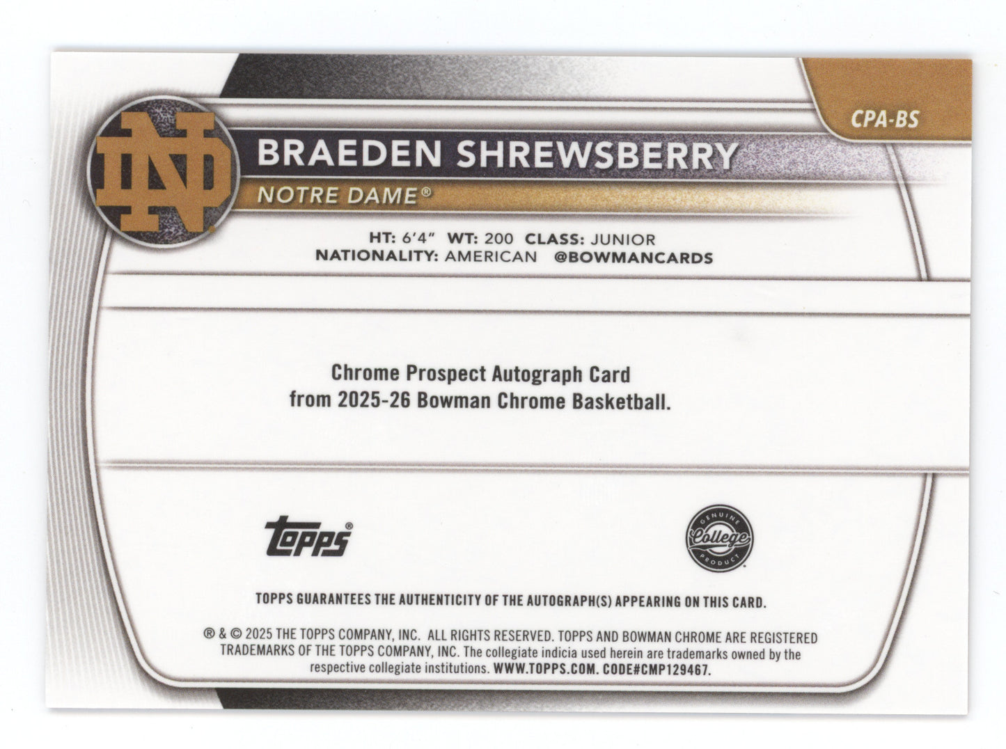 2025 Bowman Chrome Braeden Shrewsberry #CPA-BS Autograph Orange Shimmer 13/25