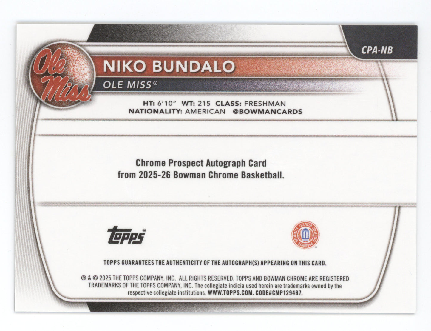 2025 Bowman Chrome U Niko Bundalo #CPA-NB Autograph Gold Mojo 22/50