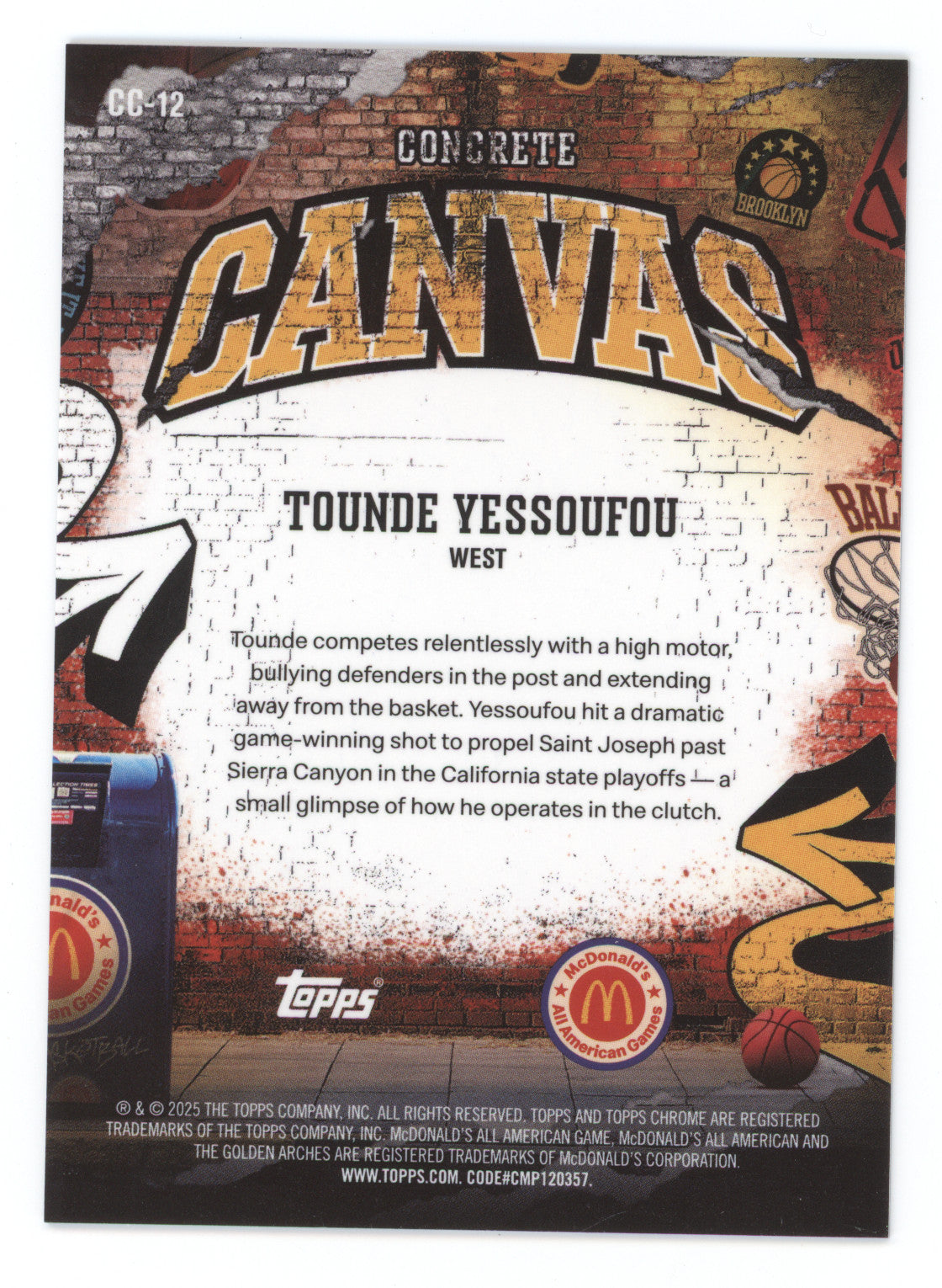 2025 Topps Chrome McDonald's All American Concrete Canvas Tounde Yessoufou #CC12