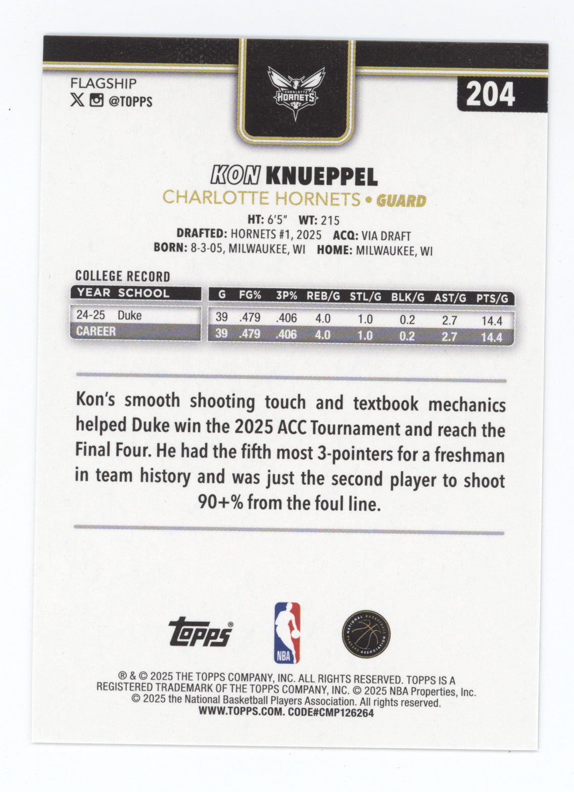 2025 Topps Kon Knueppel #204 Blackouit RC