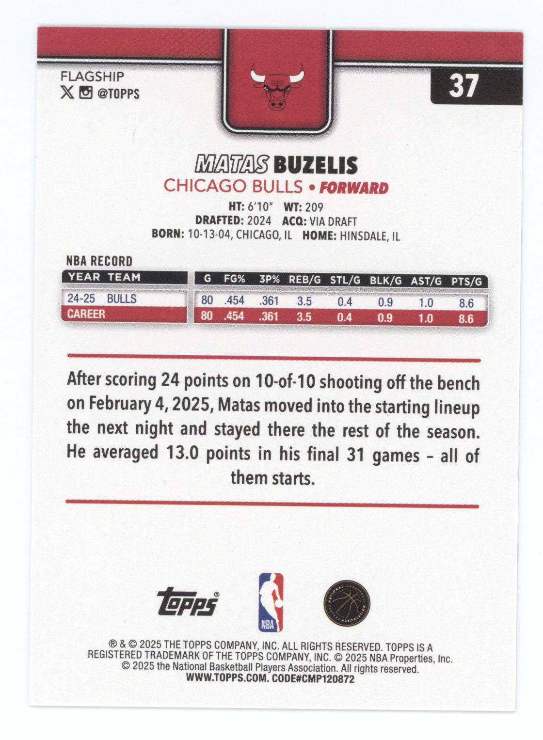 2025 Topps Chrome Basketball Matas Buzelis #37 Orange Diamante 09/25