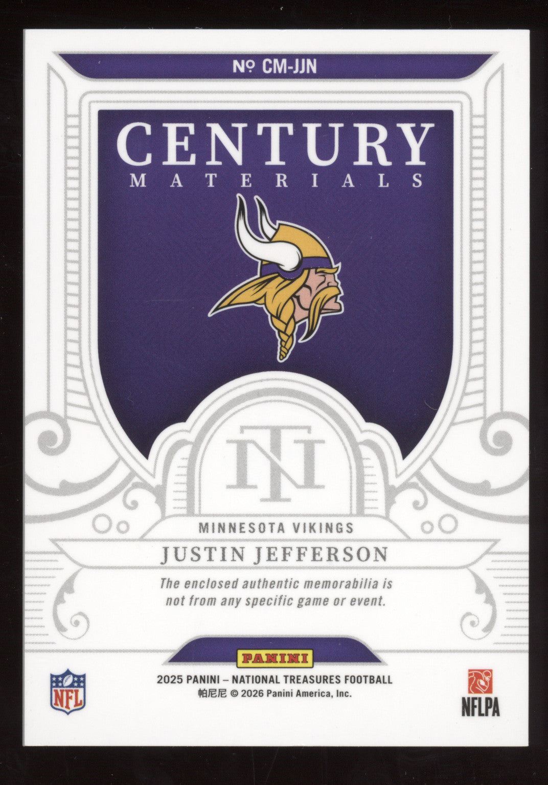 2025 Panini National Treasures Century Materials Justin Jefferson #CM-JJN 30/99