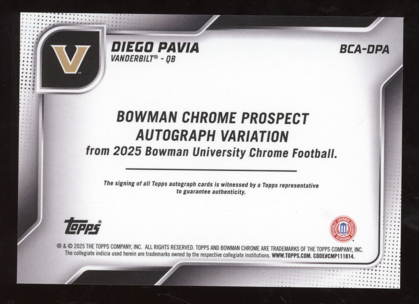 2025 Bowman Chrome University Diego Pavia #BCA-DPA Autograph Variation