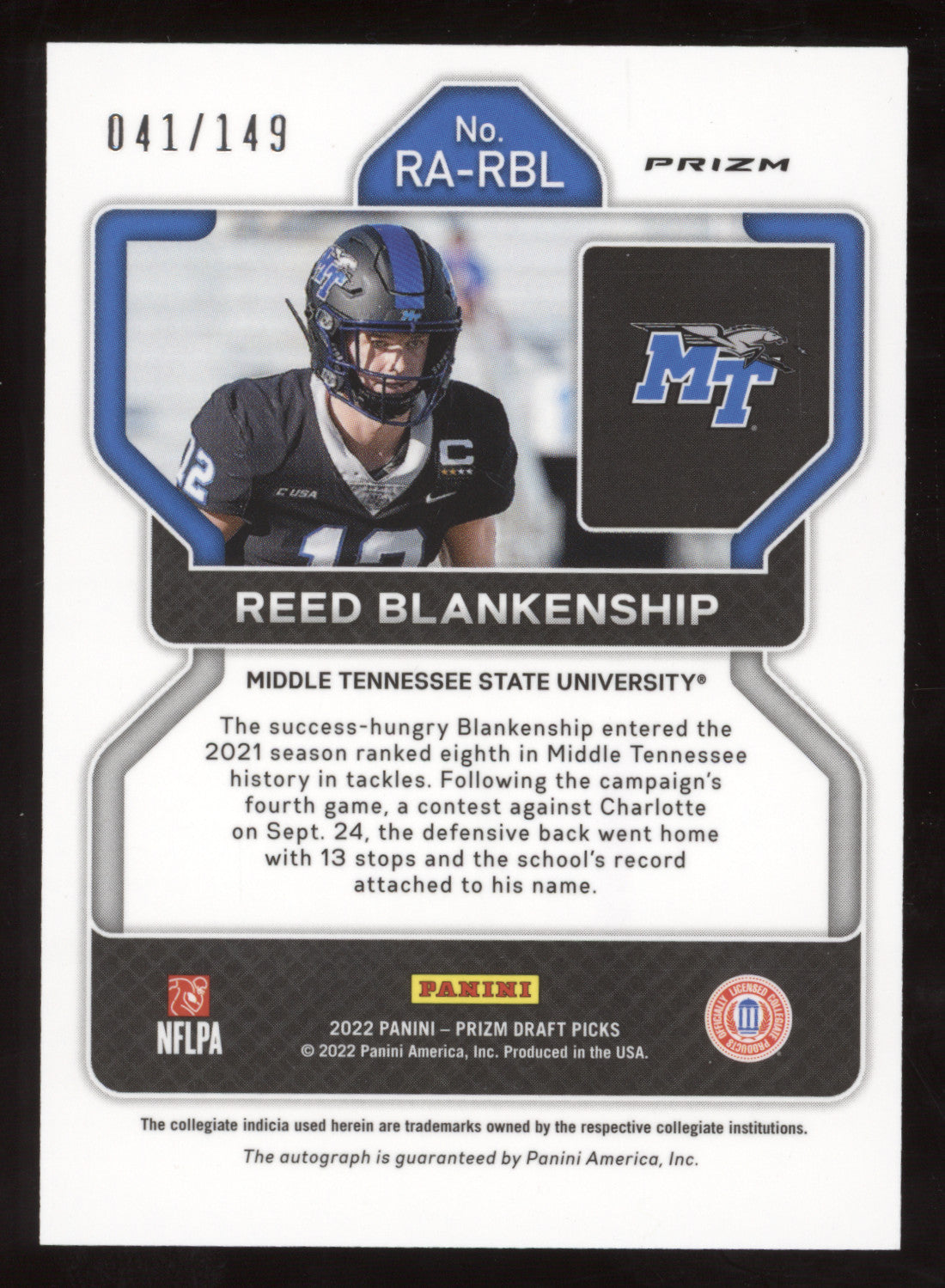2022 Panini Prizm Draft Picks Reed Blankenship #RA-RBL Autograph Blue 041/149