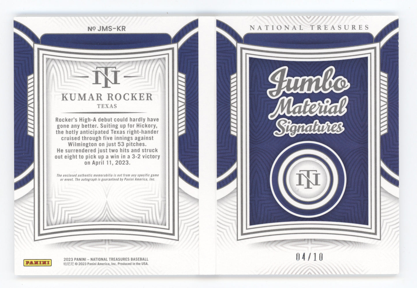 2023 Panini National Treasures Kumar Rocker #KR 04/10 Jumbo Material Signature