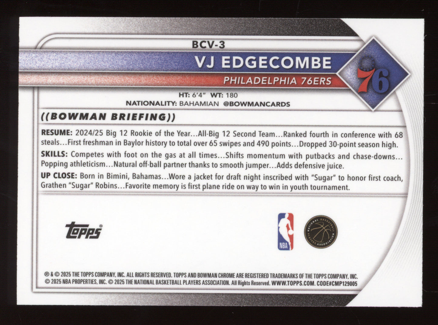 2025 Bowman Chrome VJ Edgecombe #BCV-3 Green RC 92/99