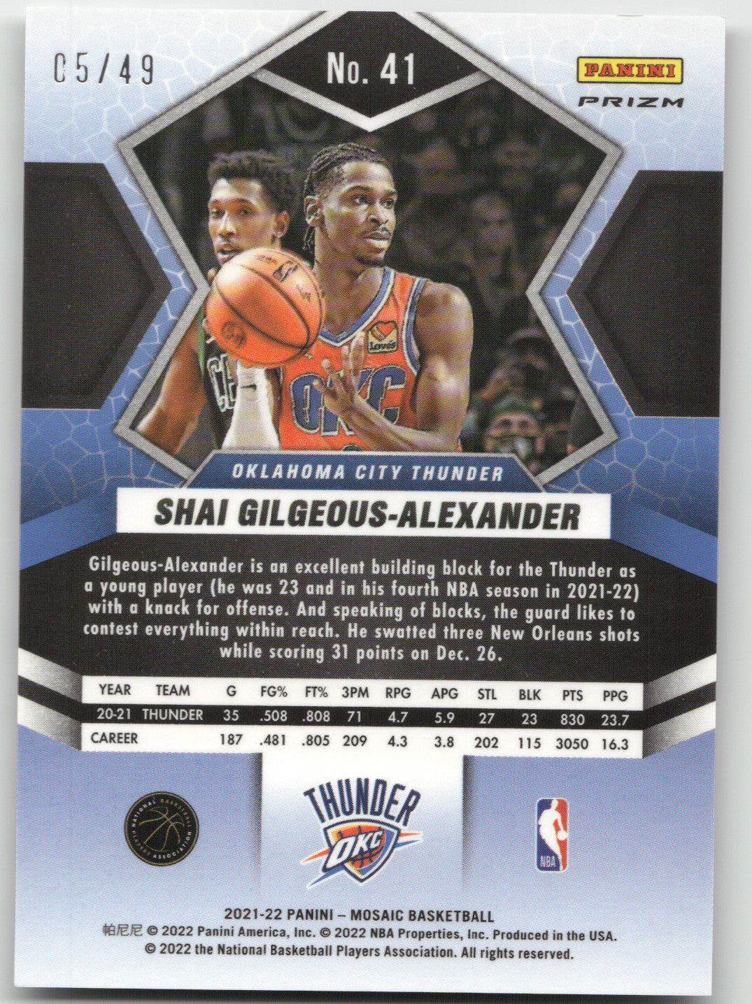 2021 Panini Mosaic Shai Gilgeous-Alexander #41 Purple Mosaic 05/49