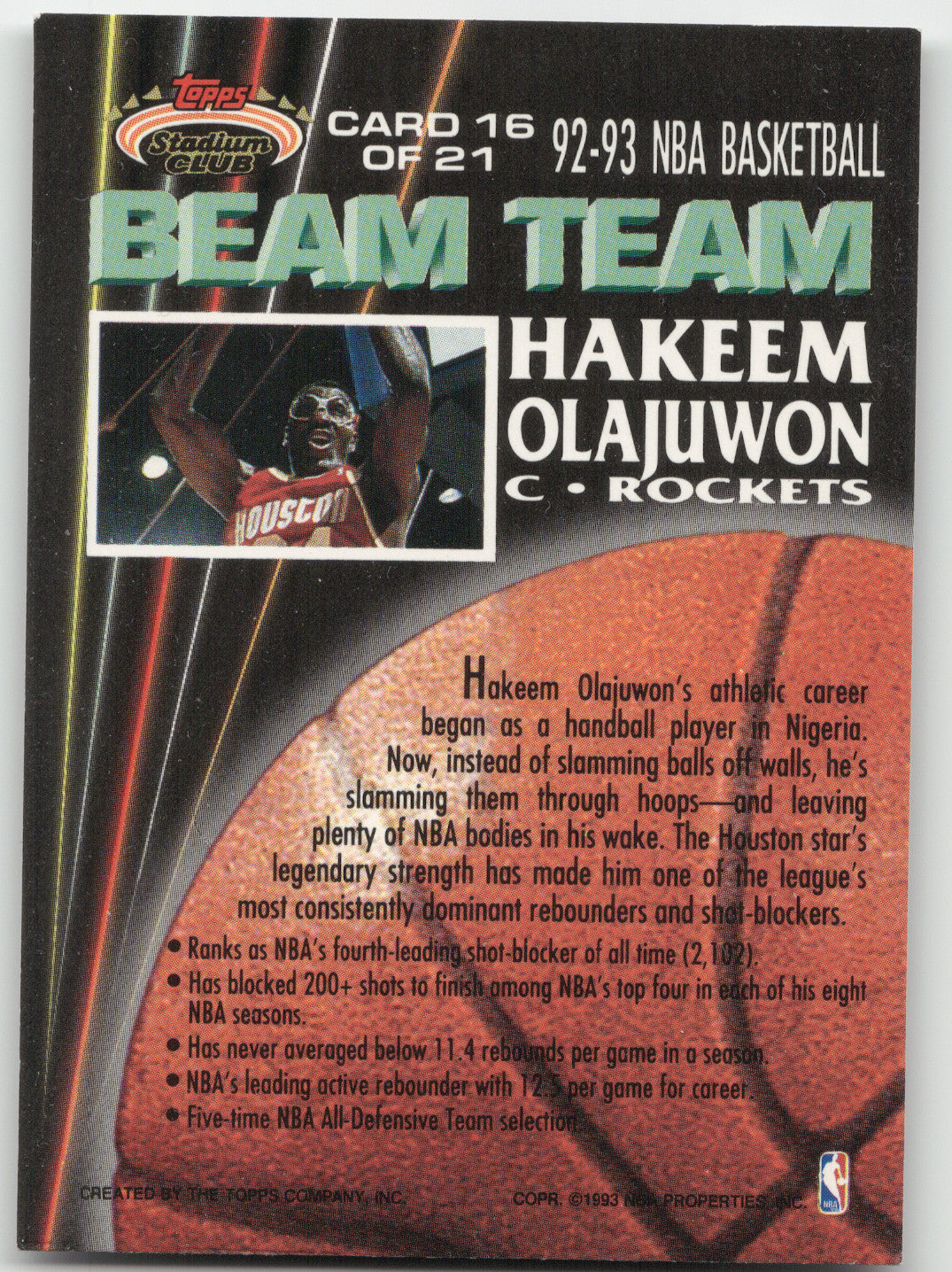 1992 Topps Stadium Club Beam Team Hakeem Olajuwon #16