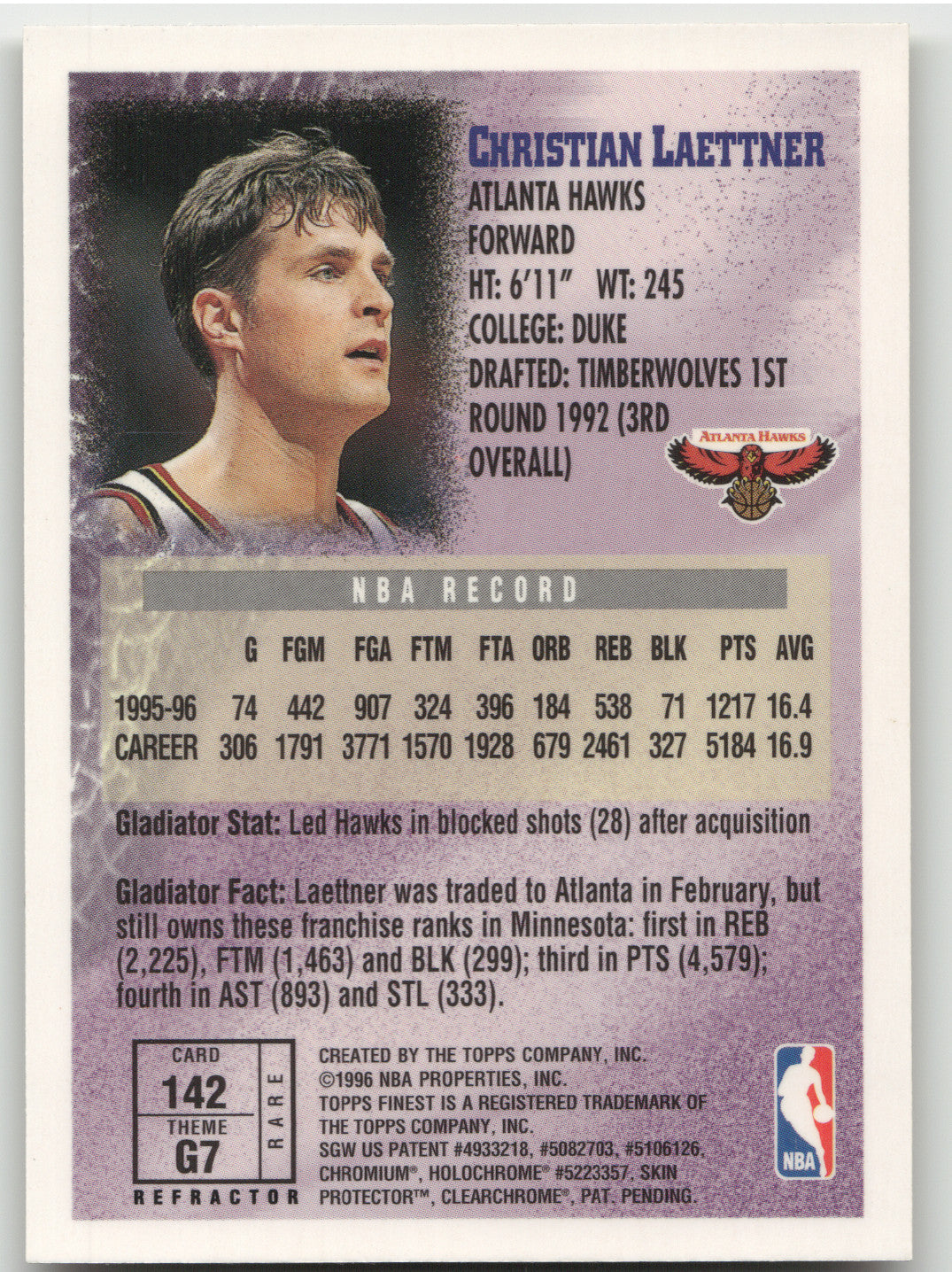1996 Topps Finest Gladiators Christian Laettner #142 Refractor w/Coating
