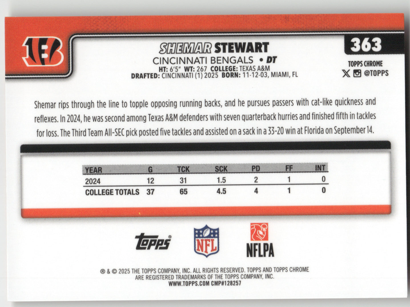 2025 Topps Chrome Shemar Stewart #363 Orange RC 06/25