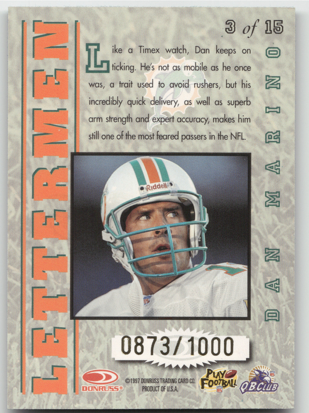 1997 Leaf Lettermen Dan Marino #3 0873/1000