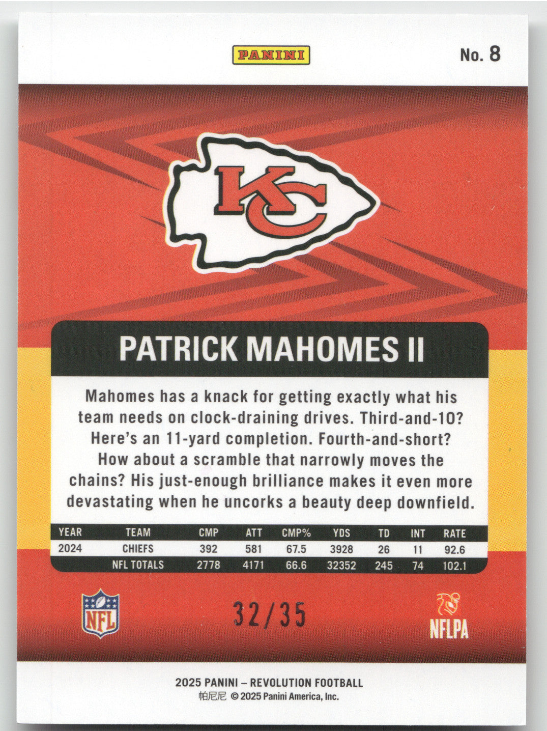 2025 Panini Revolution Football Patrick Mahomes II #8 Holo Red 32/35
