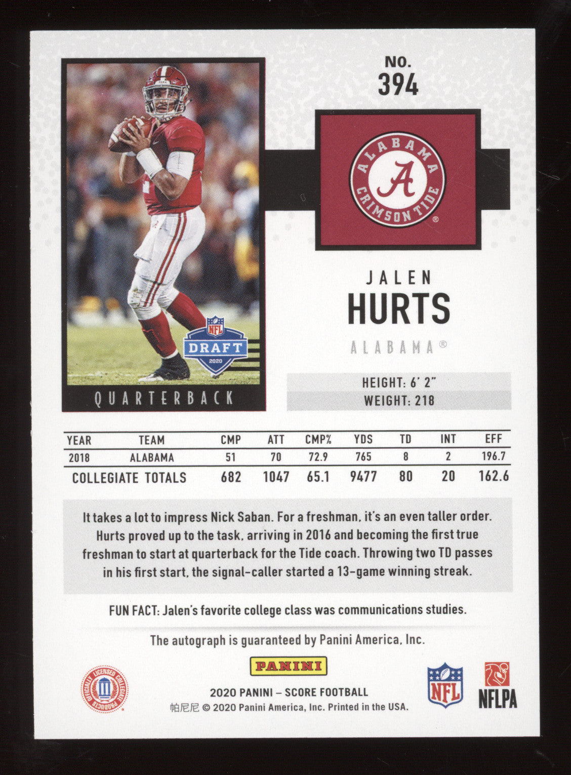 2020 Panini Score Jalen Hurts #394 Signature Gold Zone RC 08/50