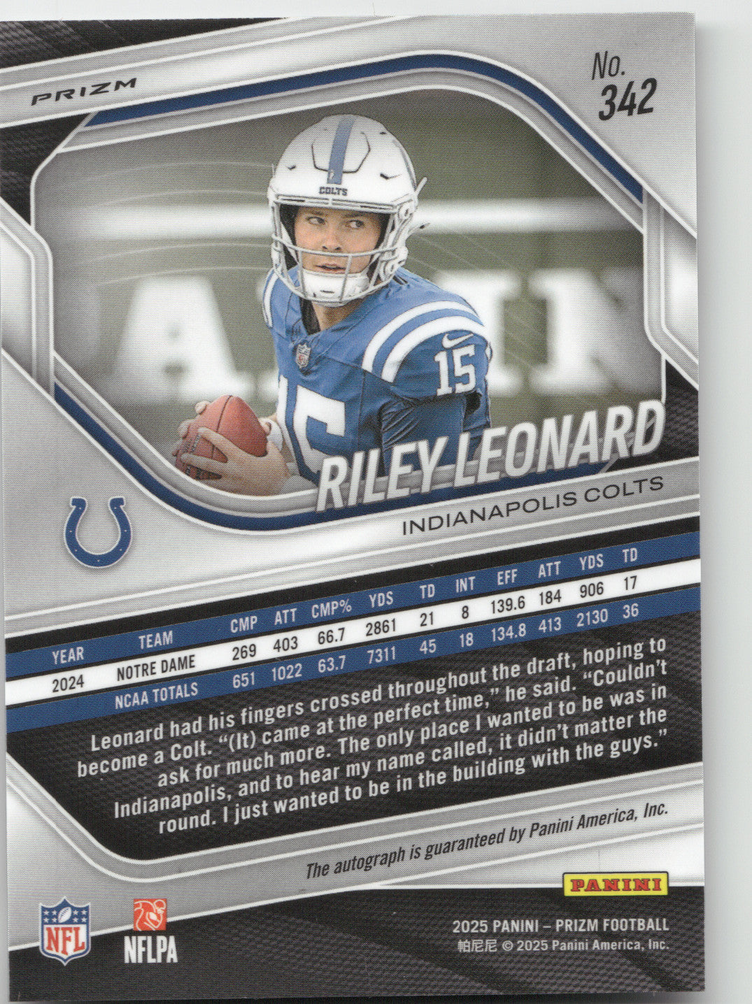 2025 Panini Prizm Riley Leonard #342 Autograph Silver RC