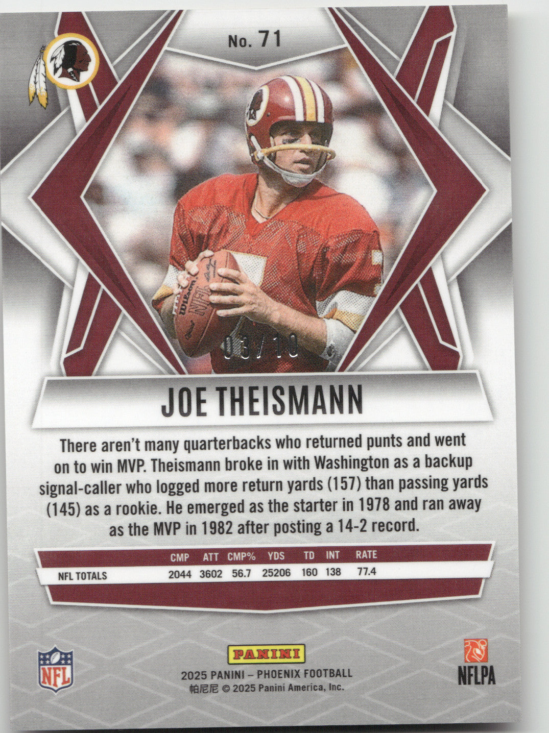2025 Panini Phoenix Football Joe Theismann #71 Gold 03/10