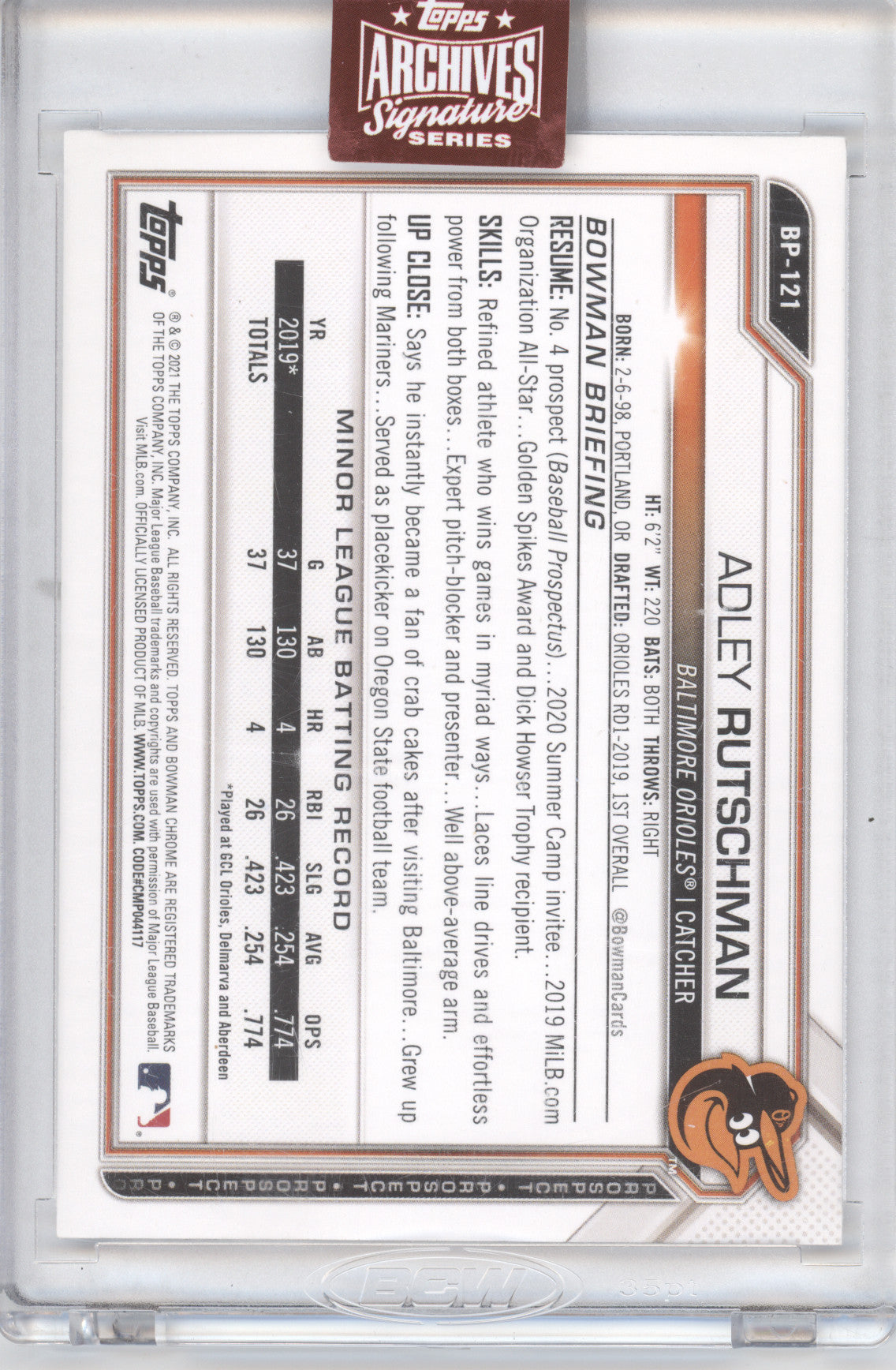 2023 Topps Archives Signature Series '21 Bowman Prospect Adley Rutschman 33/64