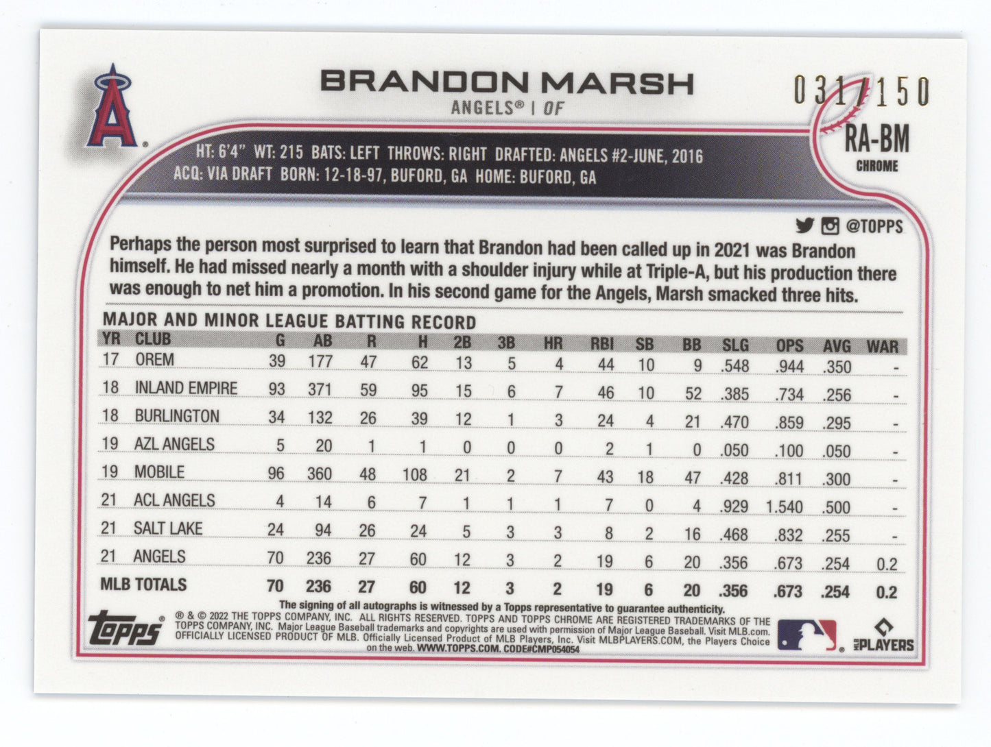 2022 Topps Chrome Rookie Autographs Brandon Marsh #BM Blue Refractor 031/150 RC