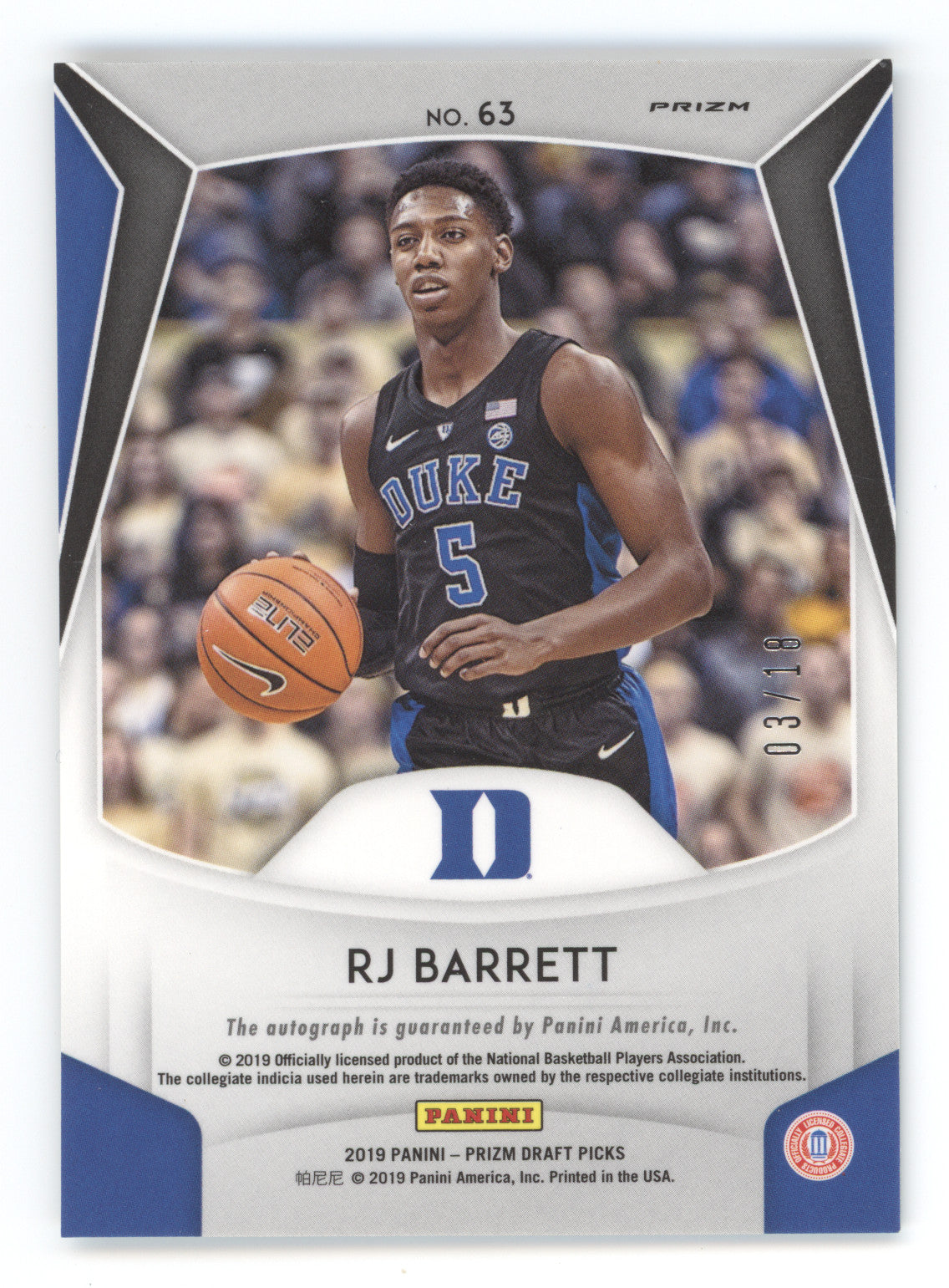 2019 Panini Prizm Draft Picks RJ Barrett #63 Autograph Green Ice 03/18 RC