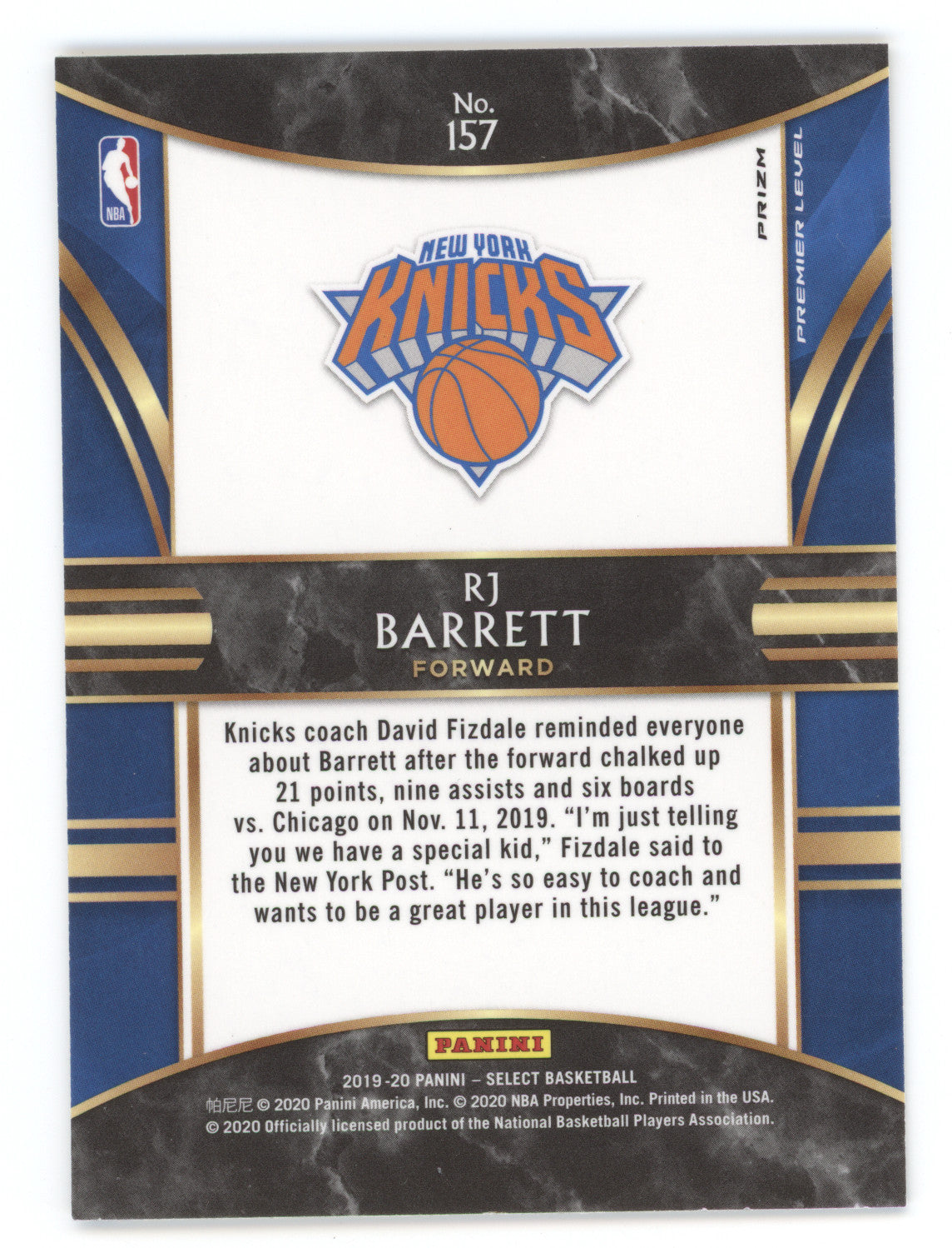 2019 Panini Select RJ Barrett #157 Gold Wave RC