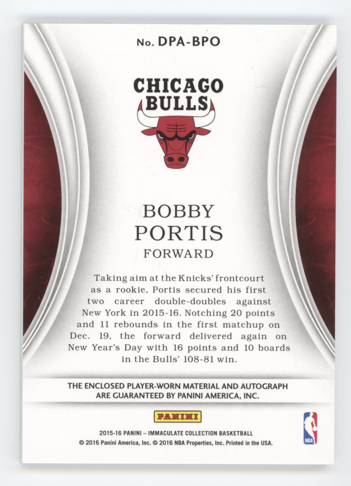 2015 Panini Immaculate Collection Dual Patch Auto Bobby Portis #33 19/75 RC