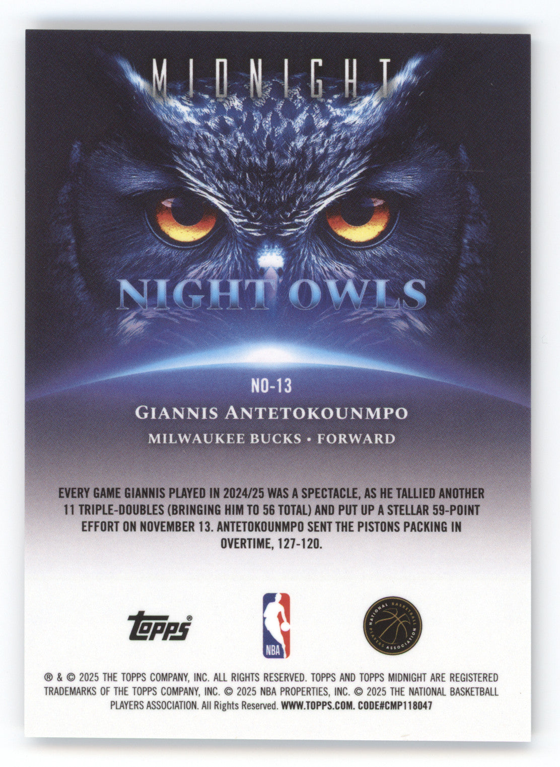 2025 Topps Midnight Night Owls Giannis Antetokounmpo #NO-13 Twilight 09/99