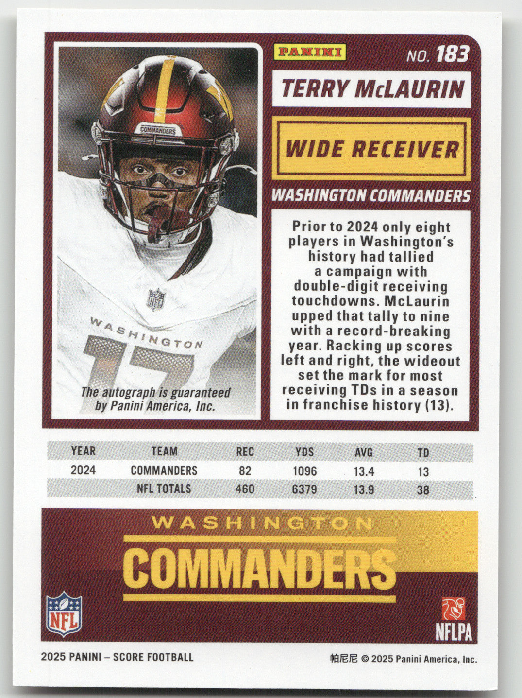2025 Panini Score Football Terry McLaurin #183 Signature Gold Zone 34/50