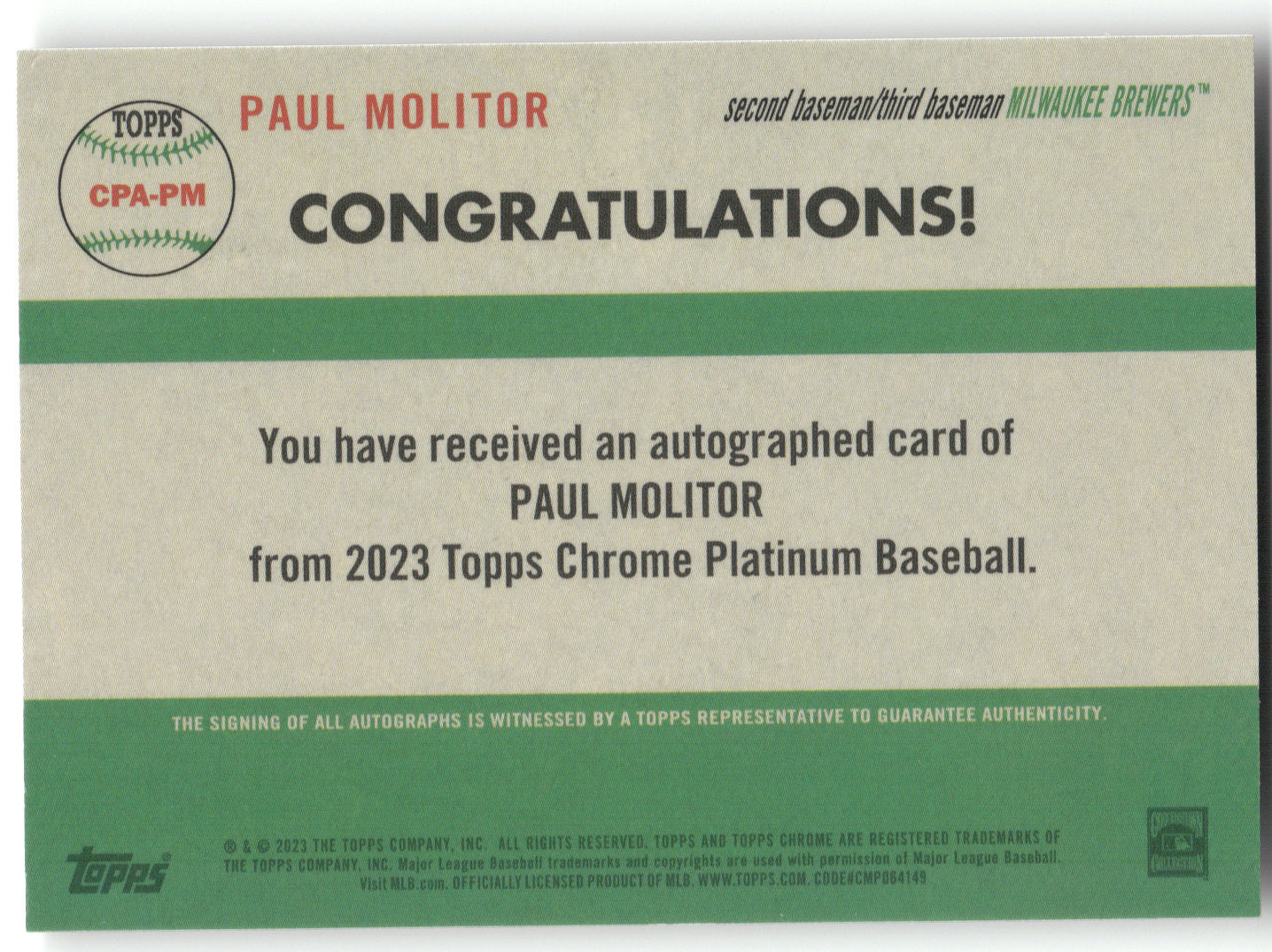2023 Topps Chrome Platinum Autograph Card Paul Molitor #CPA-PM