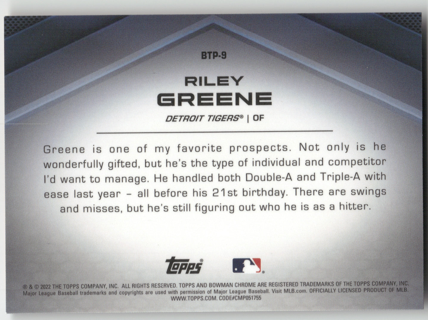2022 Bowman Chrome Top 100 Riley Greene #BTP-9 Orange Refractor 12/25