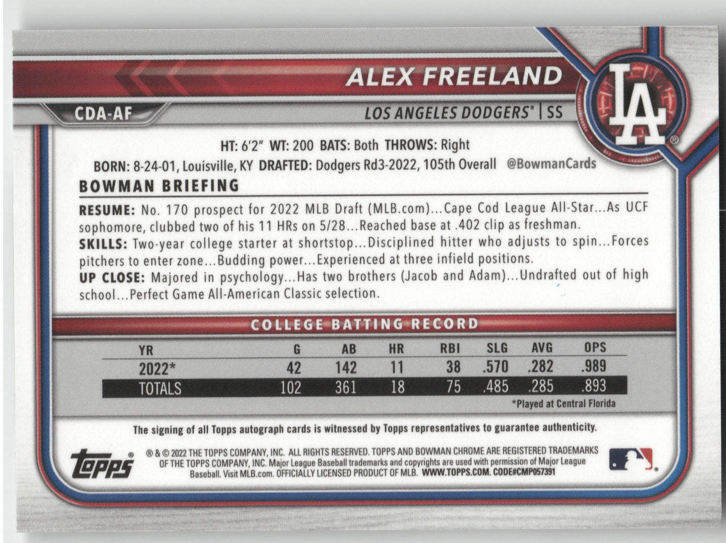 2022 Bowman Chrome Draft Pick Autographs Alex Freeland #CDA-AF 1st Bowman