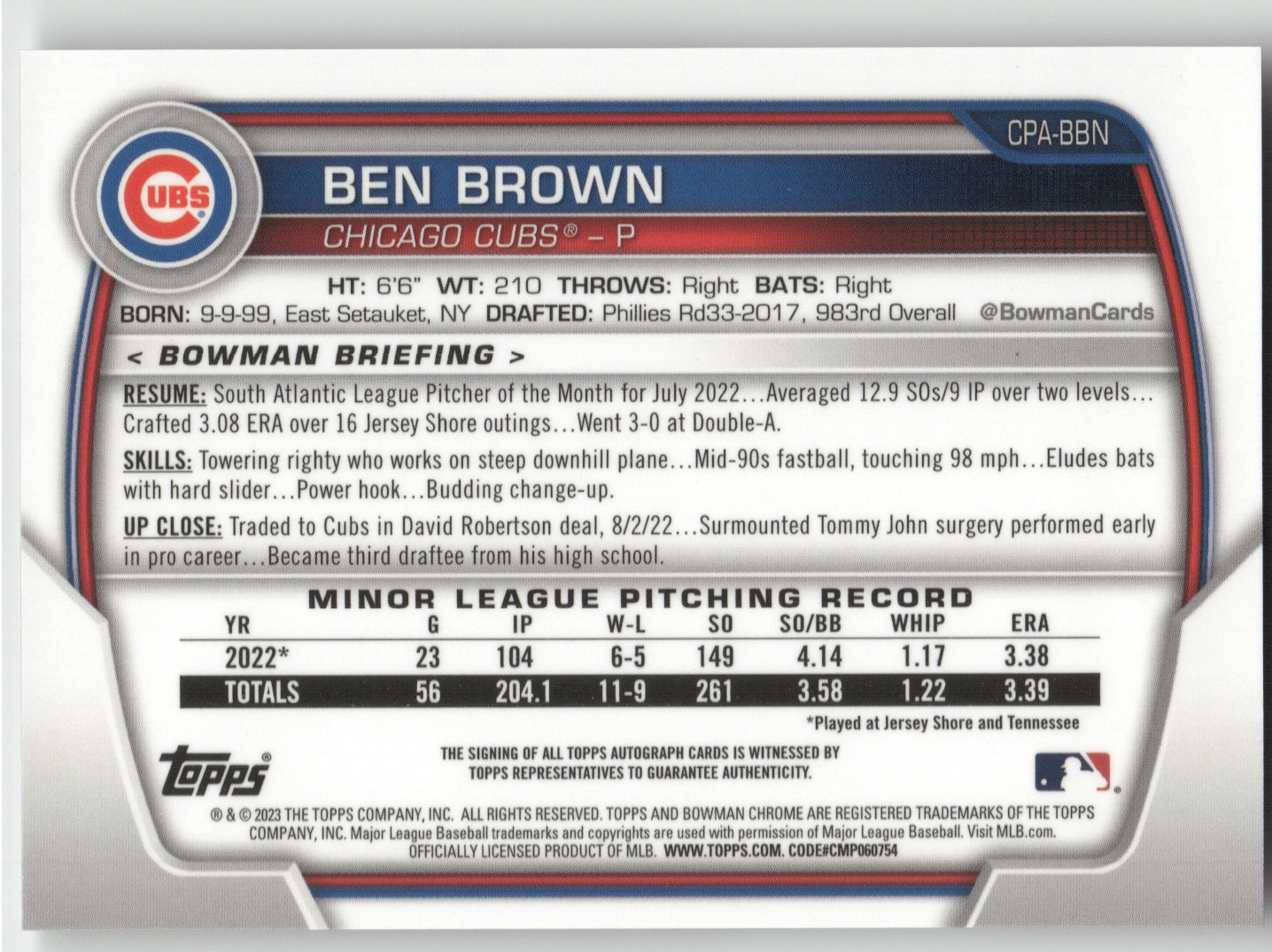 2023 Bowman Chrome Prospect Autographs Ben Brown #CPA-BBN 1st Bowman