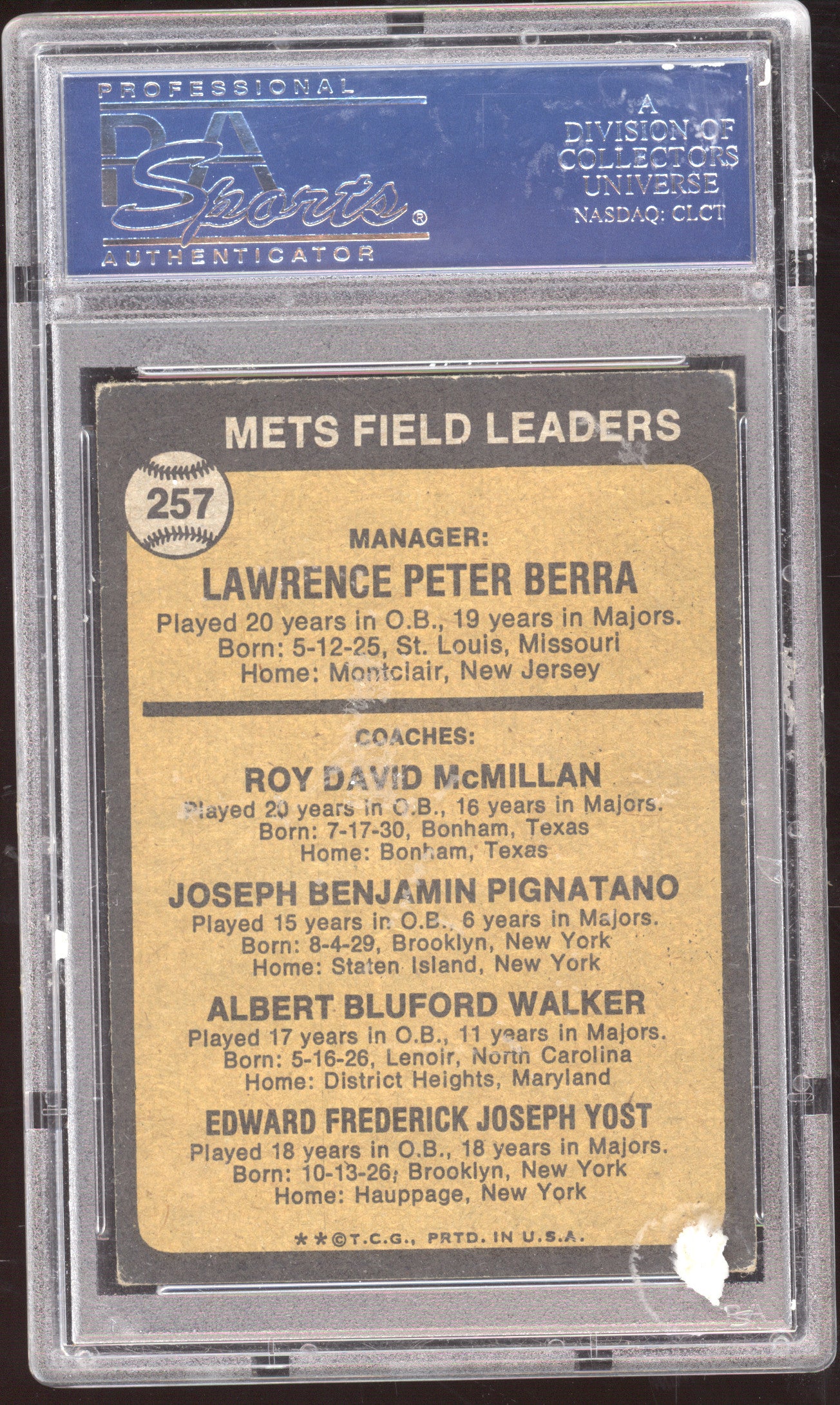 1973 Topps Yogi Berra #257 PSA Authentic
