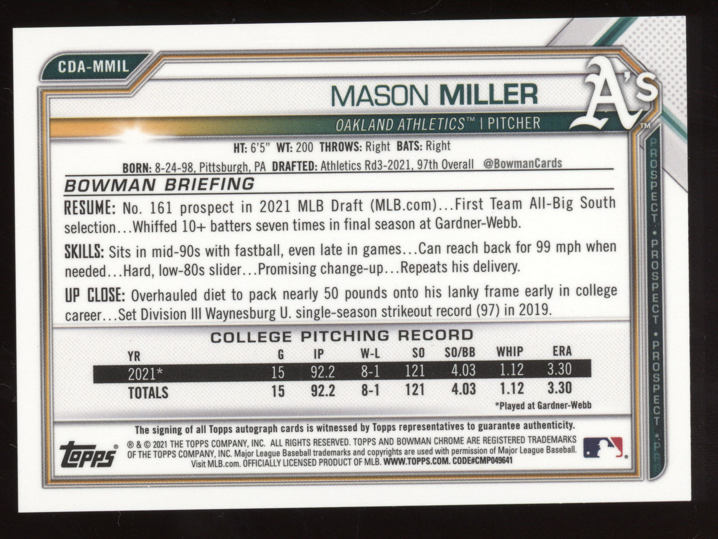 2021 Bowman Chrome Draft Pick Autograph Mason Miller #CDA-MMIL 1st Bowman