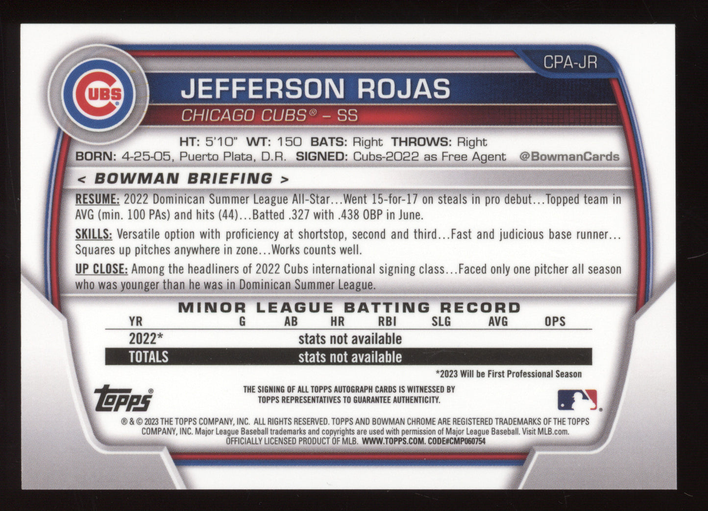 2023 Bowman Chrome Prospect Autographs Jefferson Rojas #CPAJR Blue Lunar 046/150