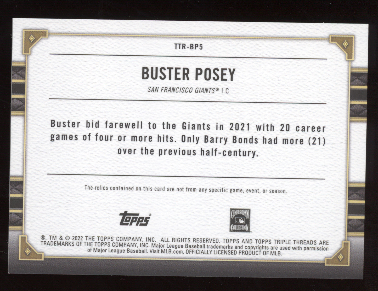 2022 Topps Triple Threads Relics Buster Posey #TTR-BP5 Ruby 1/1