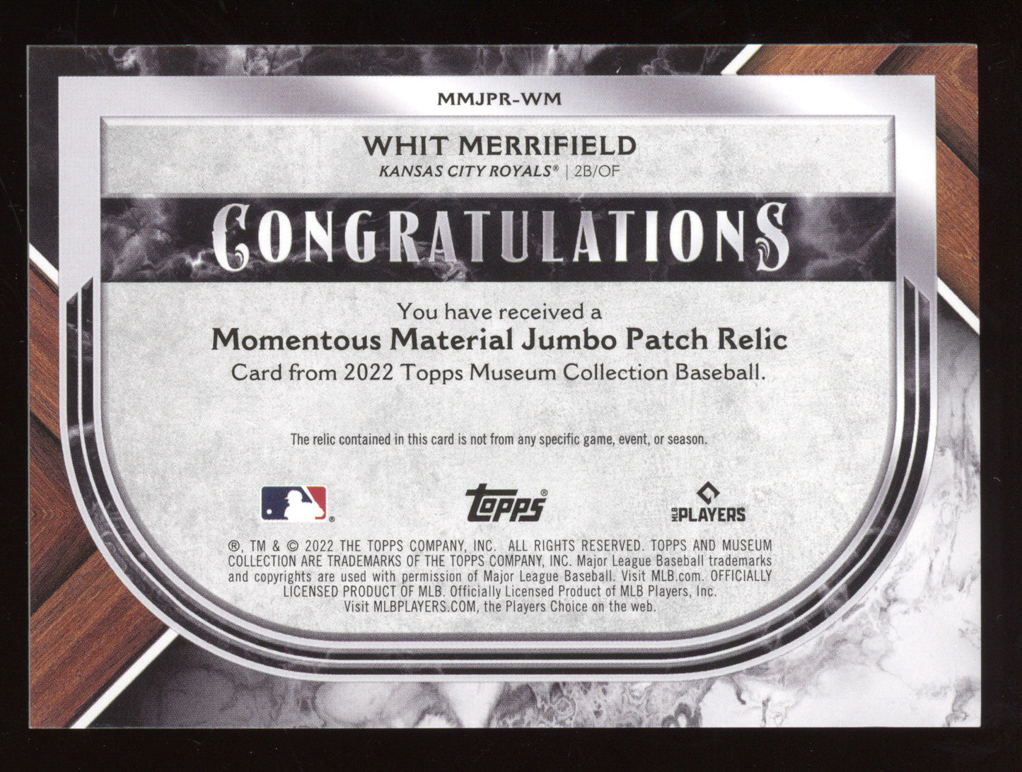 2022 Topps Museum Collection Whit Merrifield #MMJPR-WM Momentous Material 3/5