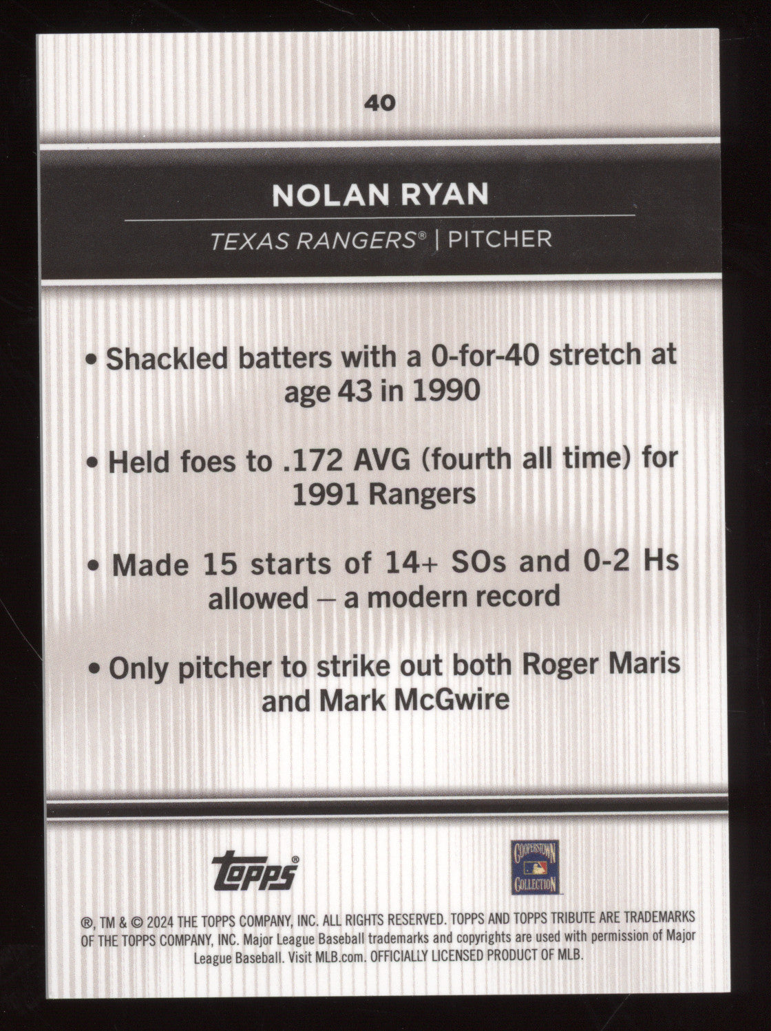2024 Topps Tribute Nolan Ryan #40 Purple 10/50