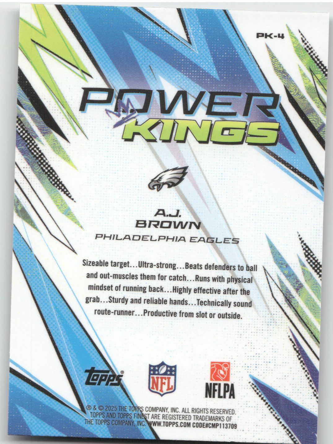 2025 Topps Finest Power Kings A.J. Brown #PK-4 Sky Blue Refractor 008/150