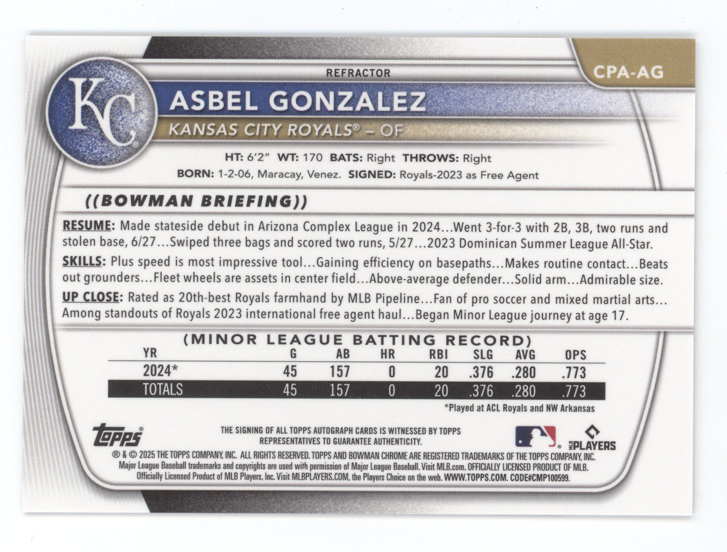 2025 Bowman Chrome Prospect Autographs Asbel Gonzalez #CPA-AG Refractor 152/499