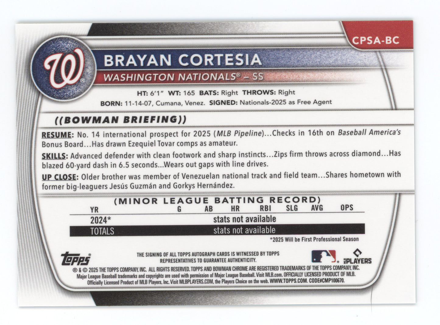 2025 Bowman Chrome Prospect Autographs Brayan Cortesia #BC Green Sapphire 45/99