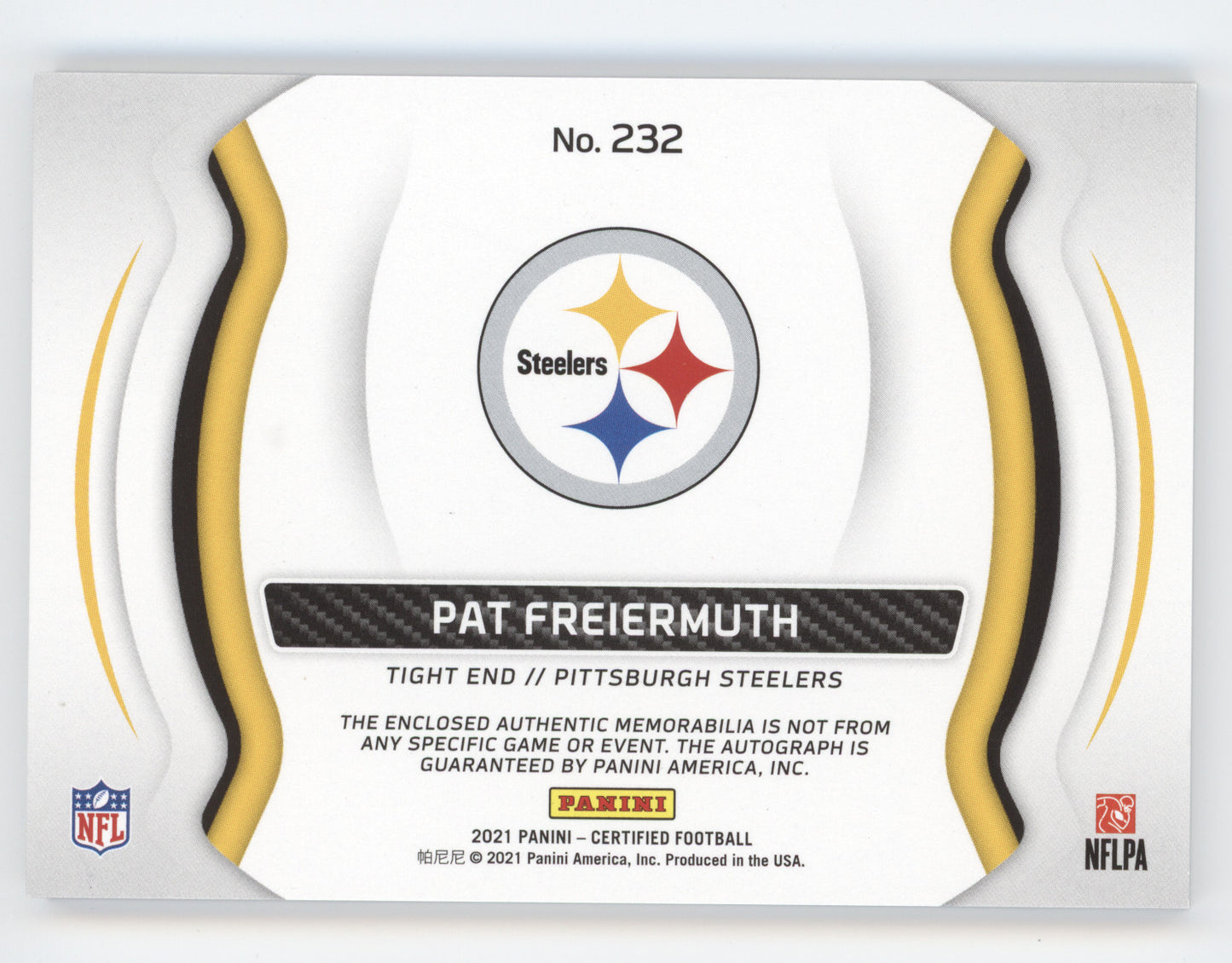 2021 Panini Certified Freshman Fabric Pat Freiermuth 232 Signature Gold Etch 5/7