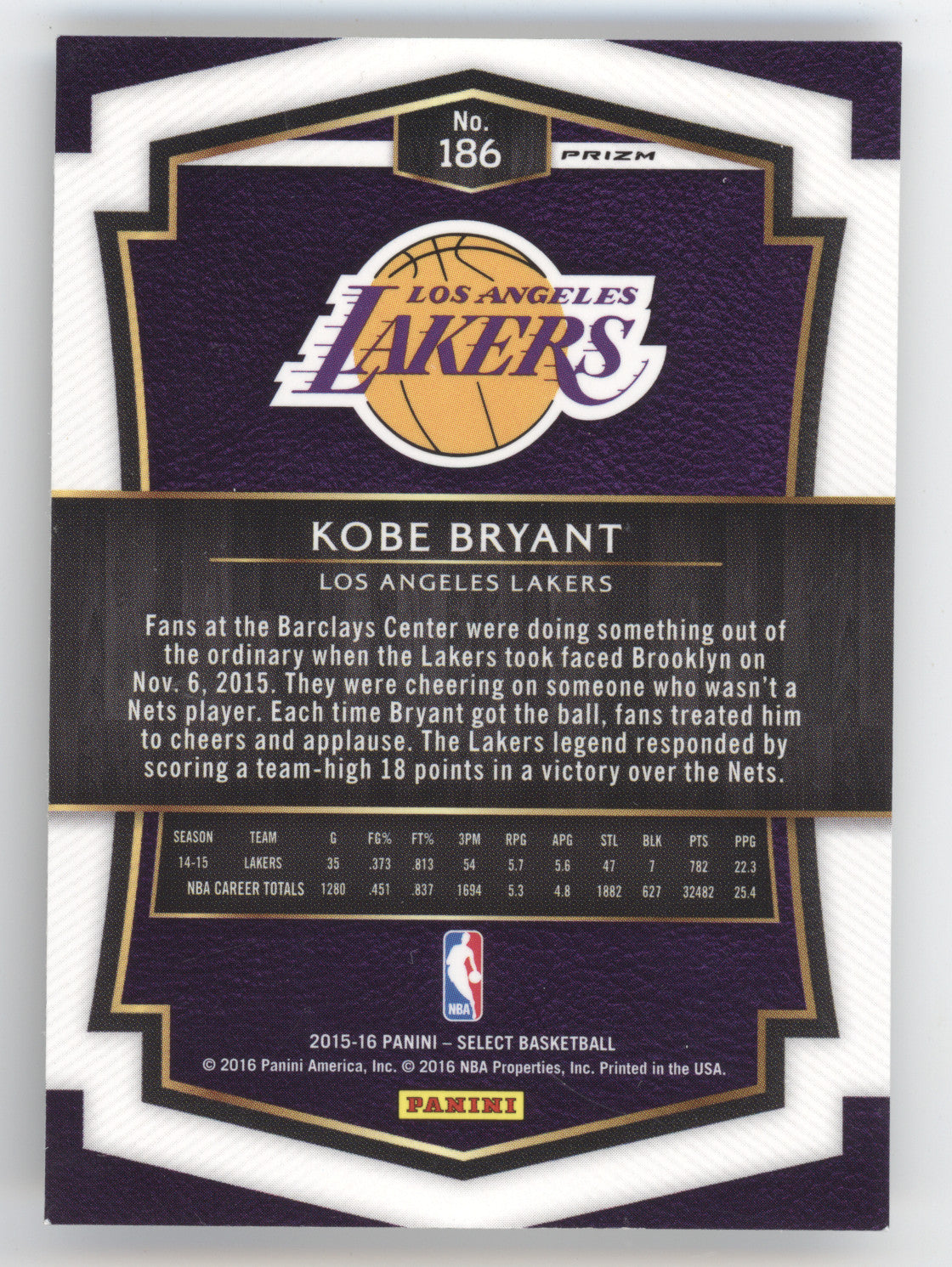 2015 Panini Select Prizm Kobe Bryant #186 Tri Color Prizm