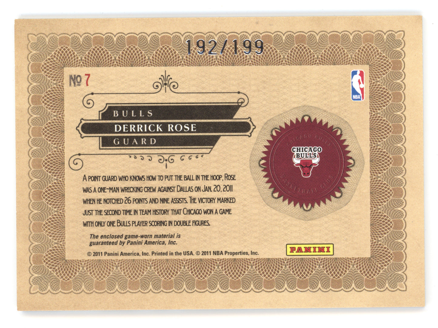 2011 Panini Gold Standard Nuggets Derrick Rose #7 192/199 Game-worn material