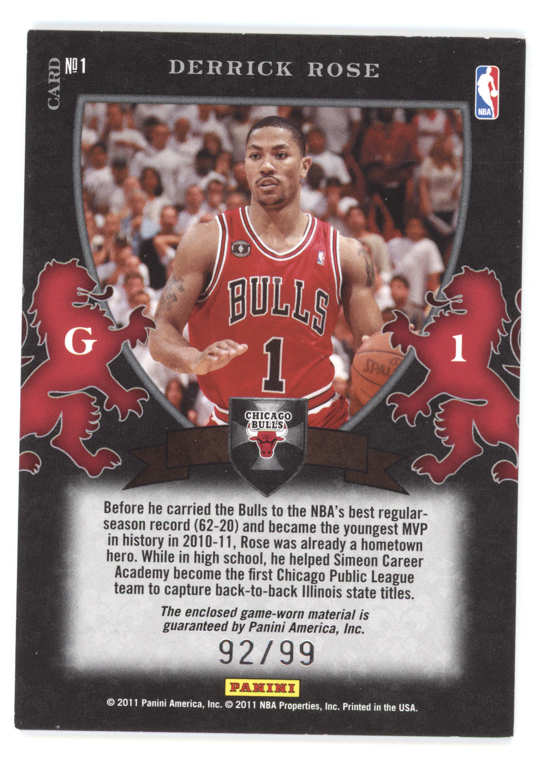 2011 Panini Black Box Crusade Derrick Rose #1 92/99 Dual Patch Game-worn