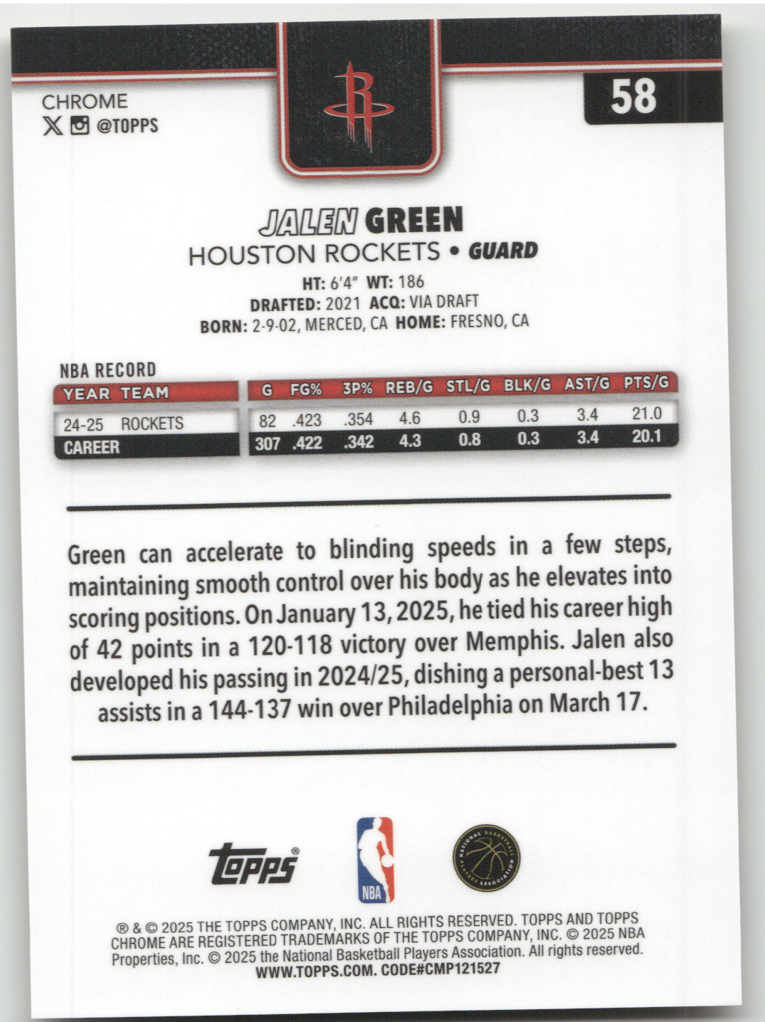 2025 Topps Chrome Sapphire Jalen Green #58 Gold 14/50
