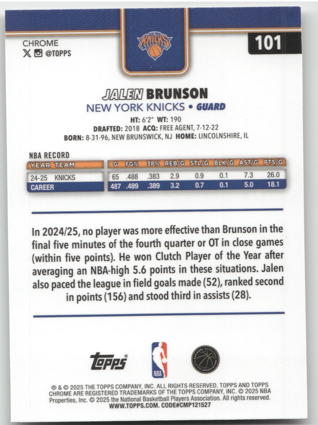 2025 Topps Chrome Jalen Brunson #101 Variation