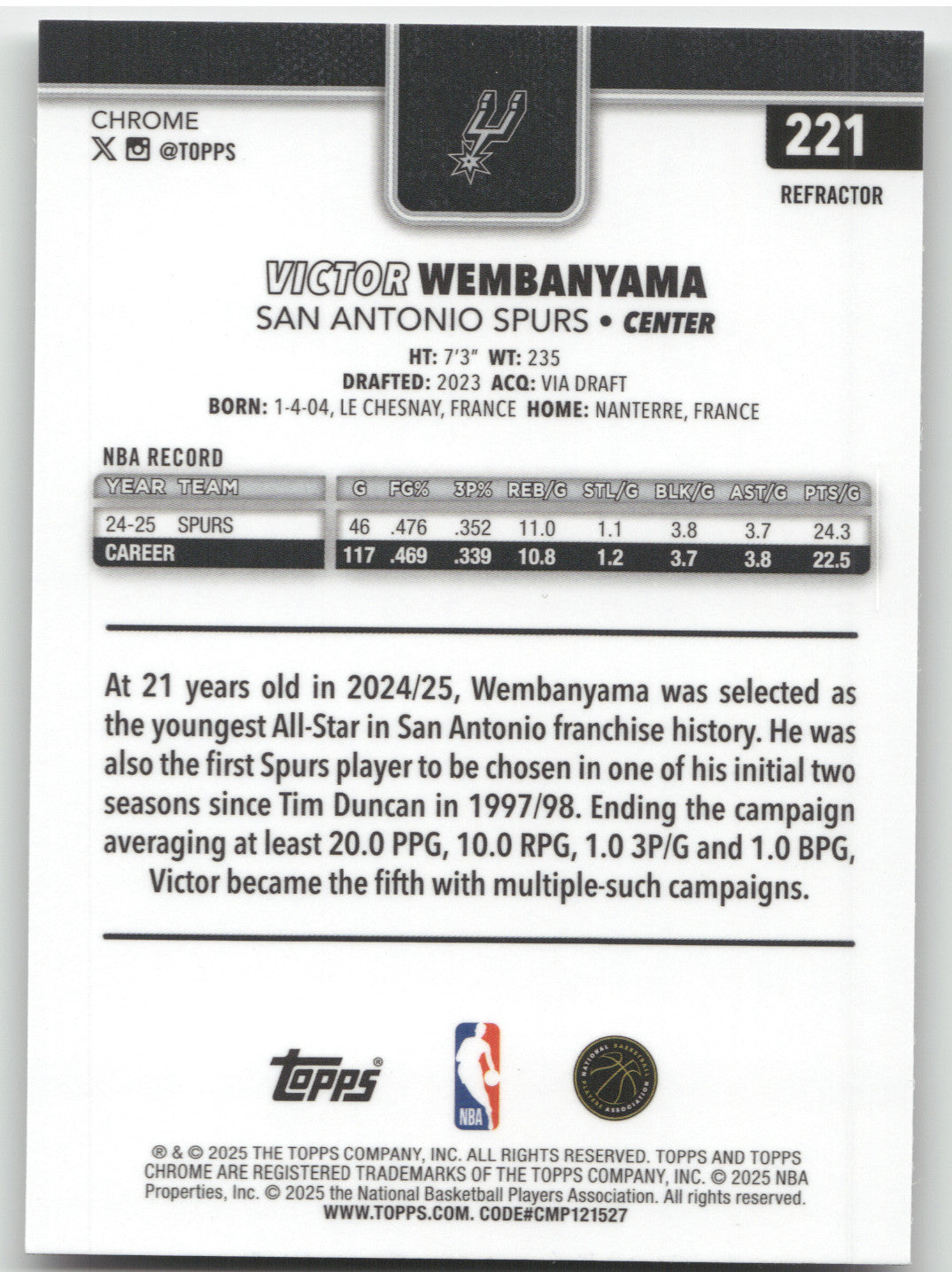 2025 Topps Chrome Victor Wembanyama #221 Refractor