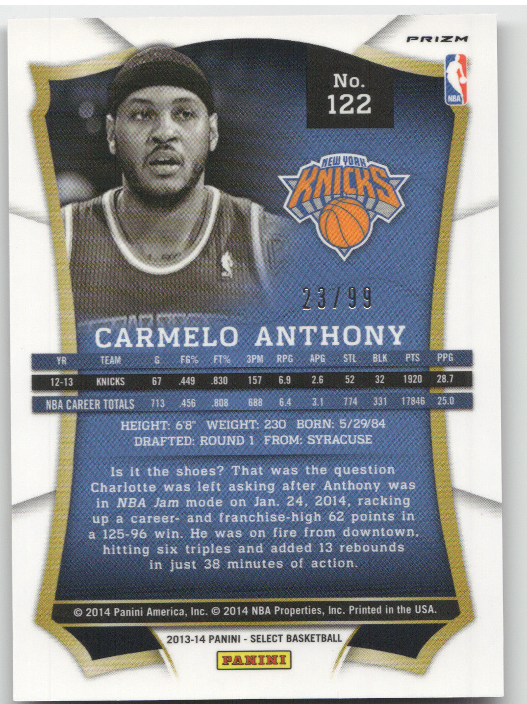 2013 Panini Select Carmelo Anthony #122 Purple 23/99