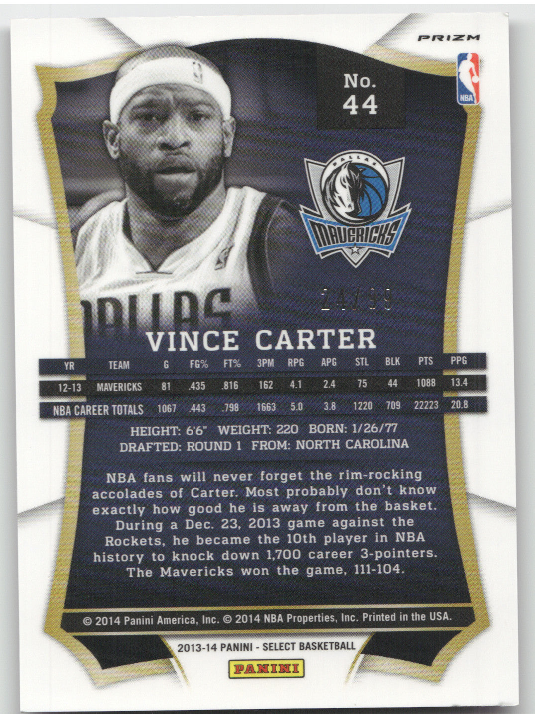 2013 Panini Select Vince Carter #44 Purple 24/99