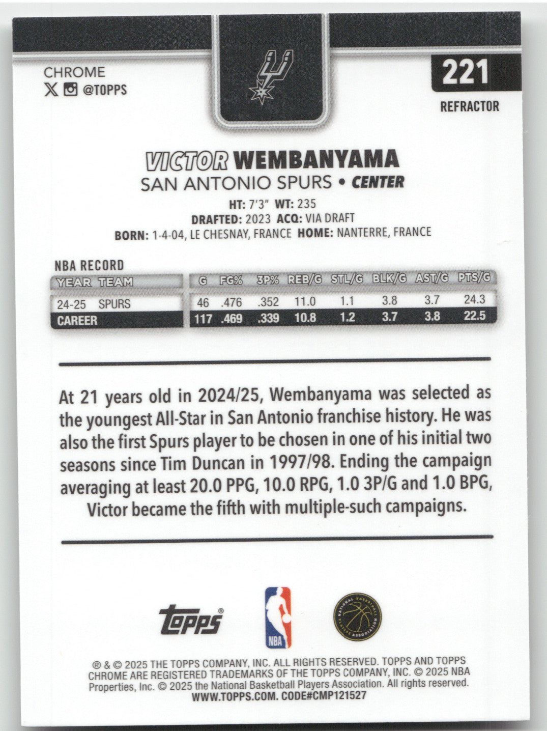 2025 Topps Chrome Victor Wembanyama #221 Refractor